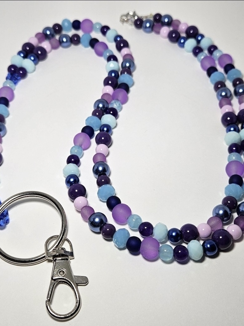 Beaded Key & Card Holder Lanyard in Purple, Lavender & Blue